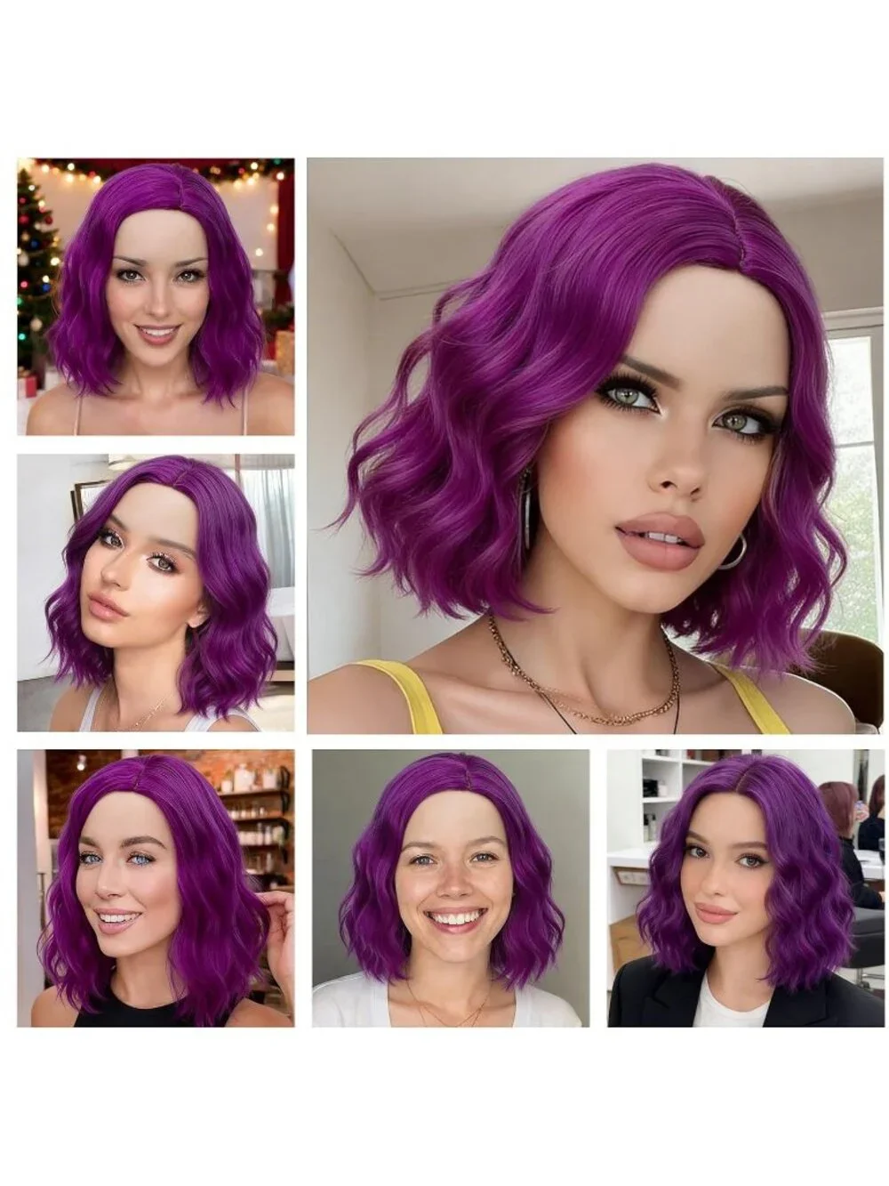 Women's 14 Inch Purple Dark Wavy Bob Wig Short Curly Synthetic Heat Resistant
